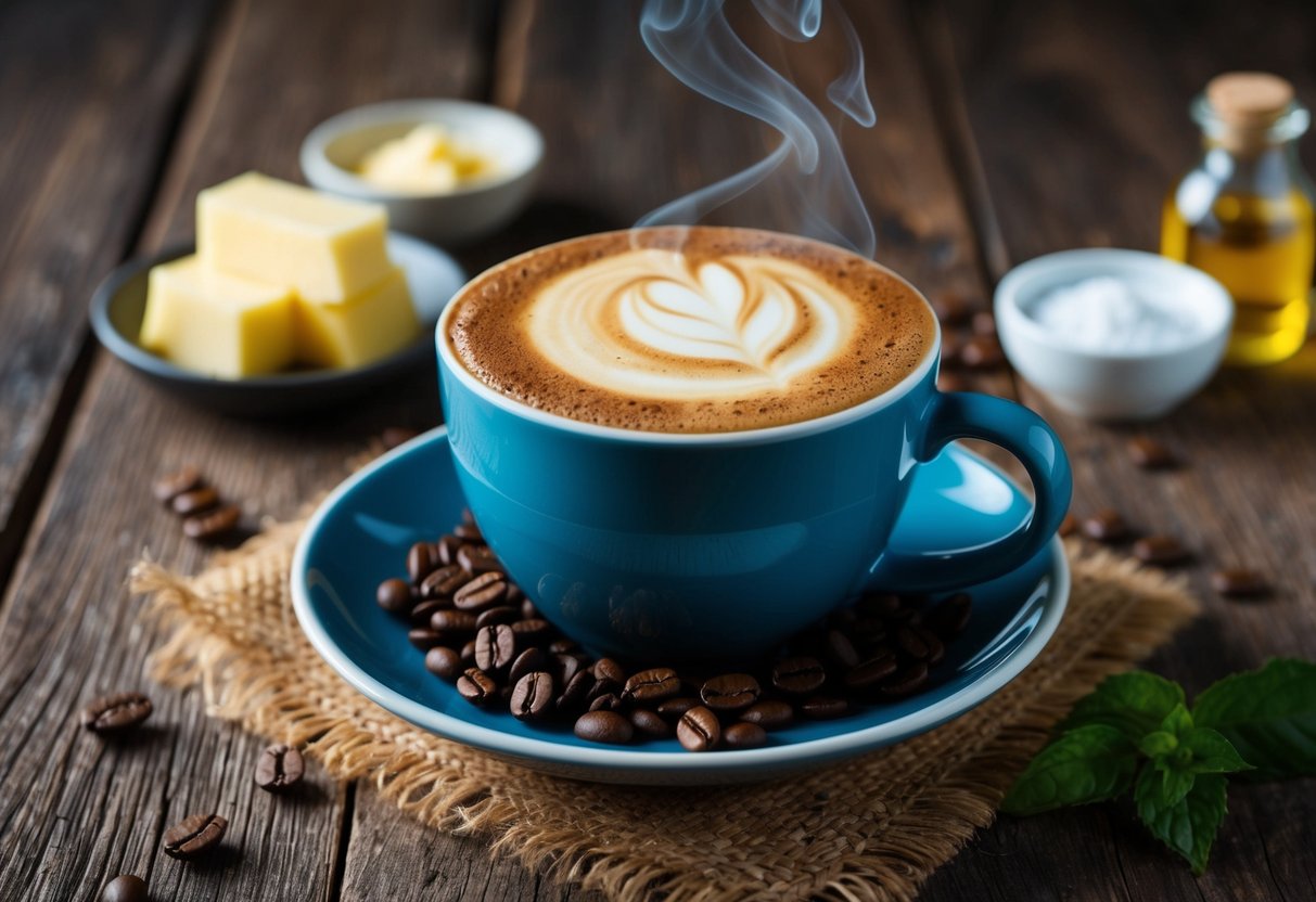 A steaming cup of keto coffee sits on a rustic wooden table, surrounded by ingredients like grass-fed butter and MCT oil. A frothy layer of foam tops the rich, dark brew