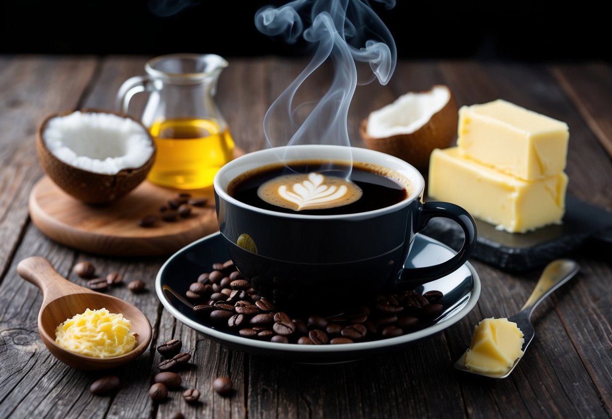 A steaming cup of black coffee surrounded by keto-friendly ingredients like coconut oil, grass-fed butter, and heavy cream on a rustic wooden table