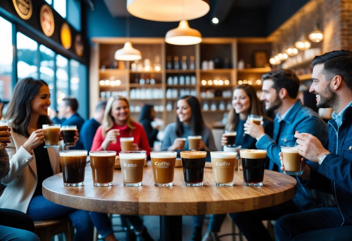 A cozy coffee shop with a variety of keto-friendly brews, surrounded by people enjoying their drinks and socializing