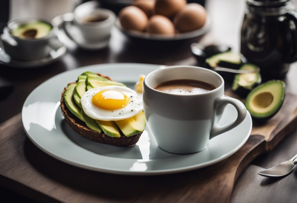 Avocado with fried egg on the keto bread along side with keto coffee on the plate.