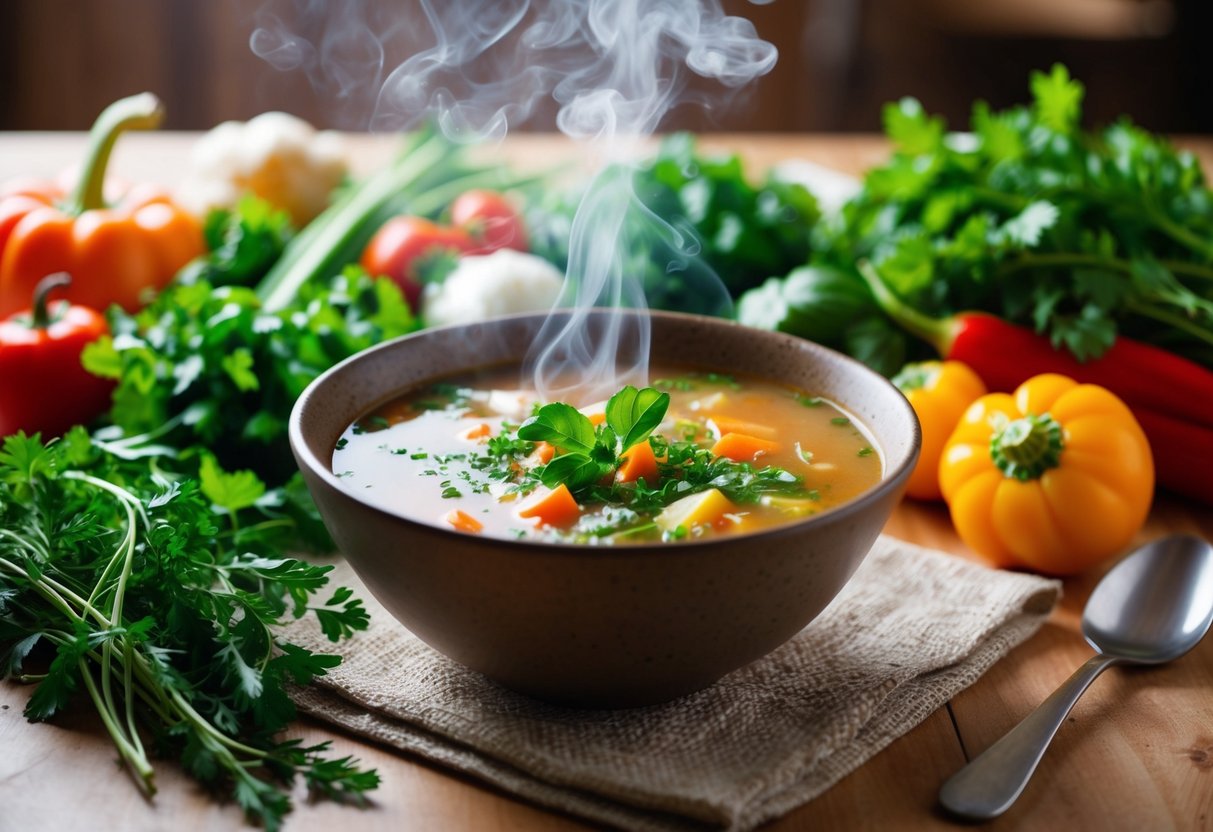 Special keto soup recipes. A steaming bowl of keto soup surrounded by fresh herbs, colorful vegetables, and a rustic bowl on a cozy kitchen table