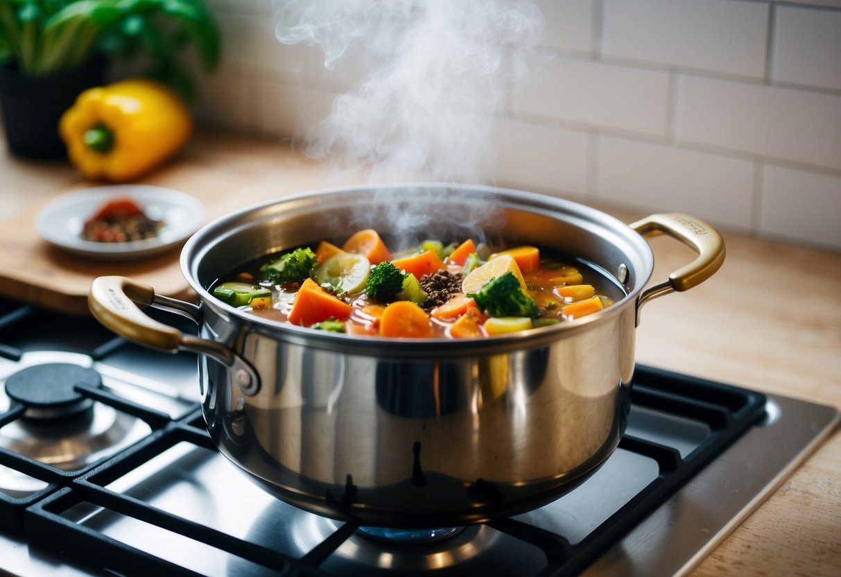 A pot simmering on a stove, filled with colorful vegetables, broth, and spices, emitting a savory aroma