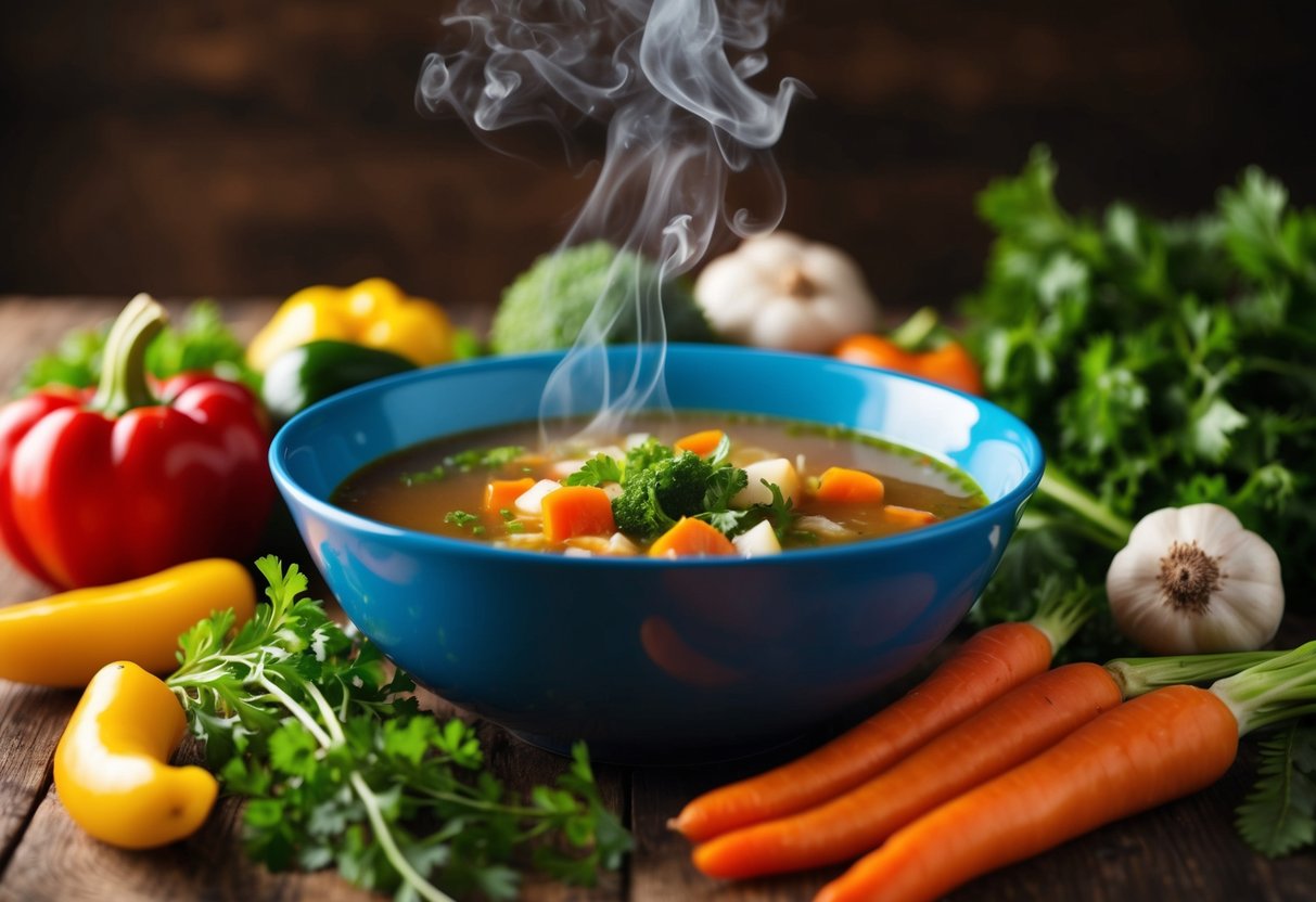 A steaming bowl of keto soup surrounded by colorful vegetables and herbs, with a warm and inviting atmosphere