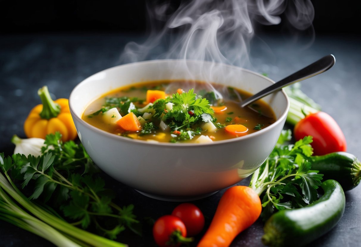 A steaming bowl of keto soup surrounded by colorful vegetables and herbs, with a spoon resting on the side