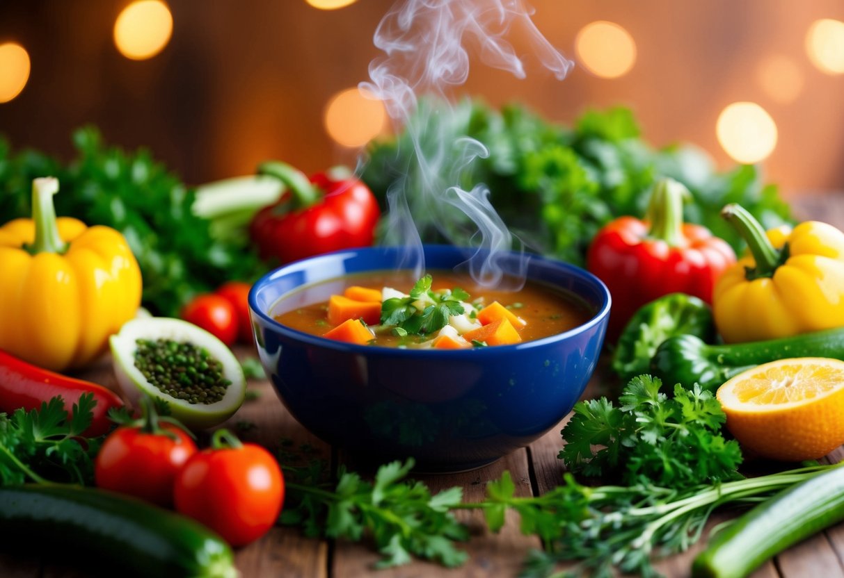 A steaming bowl of keto soup surrounded by fresh, colorful vegetables and herbs, with a warm, inviting atmosphere