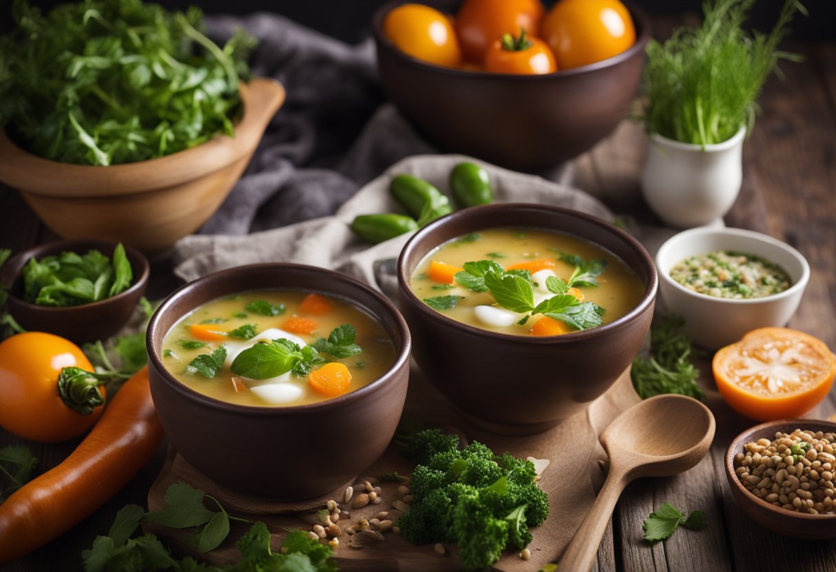 A spread of steaming, freshly prepared keto soups served in rustic bowls on a wooden table. Include seasonal ingredients like vibrant vegetables, fresh herbs, and hints of protein (such as chunks of chicken or tofu) arranged artfully around the bowls. Incorporate subtle kitchen equipment elements (like a slow cooker, digital kitchen scale, or immersion blender) in the background to evoke a professional yet homey atmosphere. Use a warm, natural color palette that conveys comfort, health, and the allure of low-carb cooking.