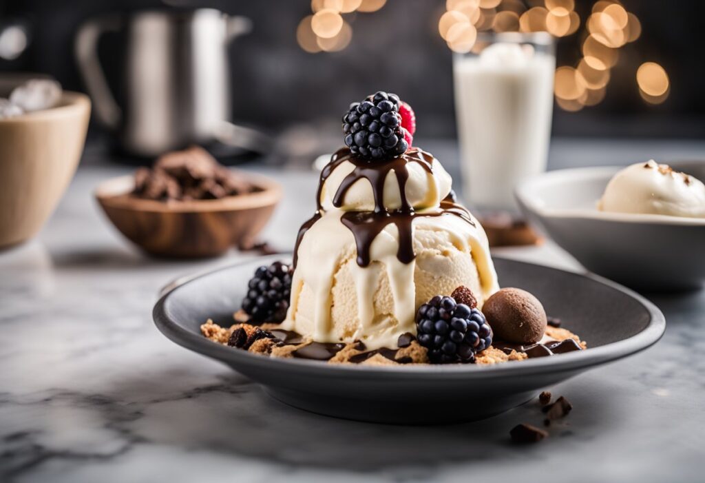 the essence of guilt-free indulgence on a keto diet. Show a bowl of rich, creamy keto ice cream garnished with fresh berries and a drizzle of sugar-free chocolate syrup. The background should evoke a modern kitchen setting with soft lighting, conveying both luxury and approachability. Include subtle text overlays with the article title 'Indulge Guilt-Free: The Ultimate Guide to Enjoying Ice Cream on a Keto Diet