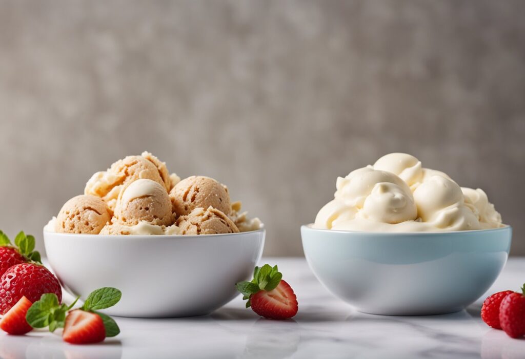 Image that contrasts traditional ice cream with keto-friendly ice cream. Display two side-by-side bowls—one with a classic, sugar-laden ice cream and one with a keto version made with heavy cream, low-carb sweetener, and natural flavorings. Use arrows or icons to highlight the replacement ingredients (e.g., heavy cream vs. milk, stevia vs. sugar). The style should be clean, modern, and educational.