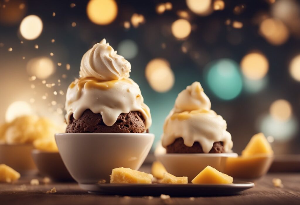 A bowl of keto ice cream, with soft glowing effects around the bowl to symbolize improved mood and satisfaction. Include small icons representing key benefits like 'Low-Carb', 'Increased Satiety', and 'Mood Booster' around the image. The color palette should be cheerful and warm.
