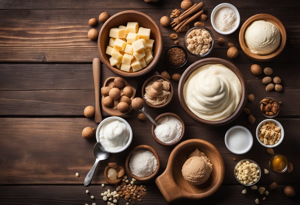 A variety of high-quality ingredients used in keto ice cream. Arrange items like heavy cream, low-carb sweeteners (stevia, erythritol), natural flavor extracts (vanilla, cocoa powder), and nutrient-rich additions (nuts, berries) artfully on a rustic wooden background. Ensure the ingredients are well-lit and labeled with minimal text for clarity