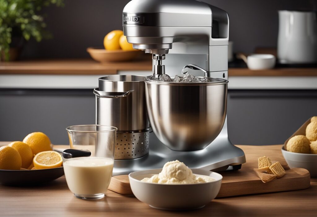 Visual process of making keto ice cream at home. Show a series of images or a collage that includes mixing ingredients in a bowl, pouring the mixture into an ice cream maker, and the finished creamy product in a stylish bowl. Emphasize the homemade, hands-on aspect with a warm, inviting kitchen environment.