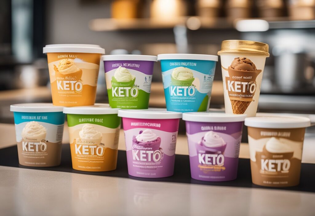 A selection of store-bought keto ice cream pints or tubs arranged on a clean, modern countertop. Include labels or logos of popular brands like Halo Top, Enlightened, and Breyers Carb Smart. The visual should convey variety and convenience, with a focus on low-carb nutrition.