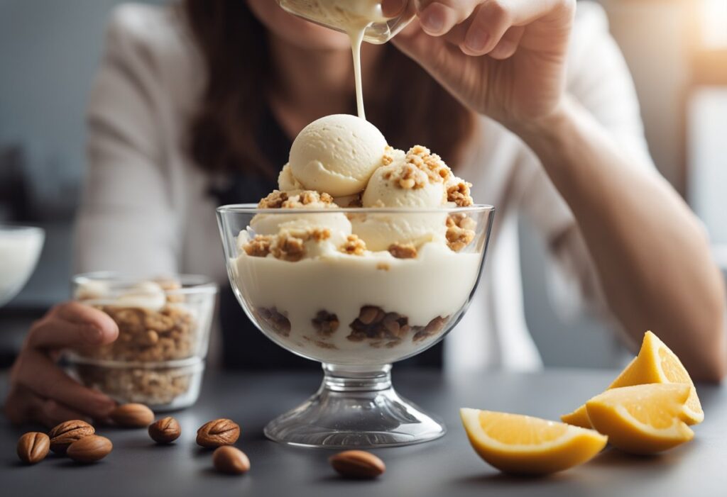 Image that highlights mindful indulgence. Show a person savoring a small, perfectly portioned bowl of keto ice cream, with subtle elements such as a measuring cup and a small plate. Include icons or text bubbles that offer quick tips (e.g., 'Practice Portion Control', 'Pair with Nuts'). The overall look should be motivational and balanced.