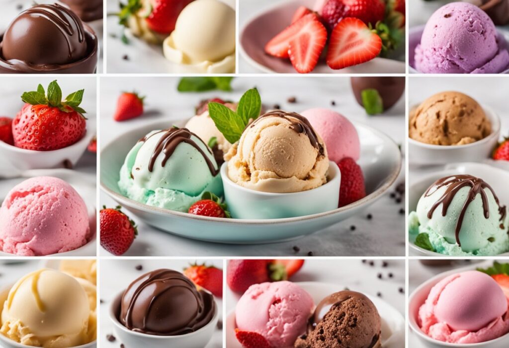 A colorful and appetizing collage of different keto ice cream flavors. Feature images of a classic vanilla keto ice cream, a rich chocolate version, and a fruity strawberry or berry variant. Arrange these in a visually appealing layout with soft shadows and pops of color to draw the viewer’s attention to each flavor.
