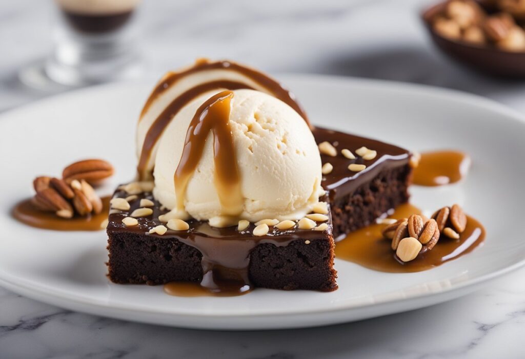 An image that illustrates the versatility of keto ice cream when paired with other low-carb treats. Show a plated dessert featuring a scoop of keto ice cream alongside a slice of keto brownie, a few nuts, and a drizzle of sugar-free caramel. The background should be elegant and minimal, emphasizing the harmonious combination of textures and flavors