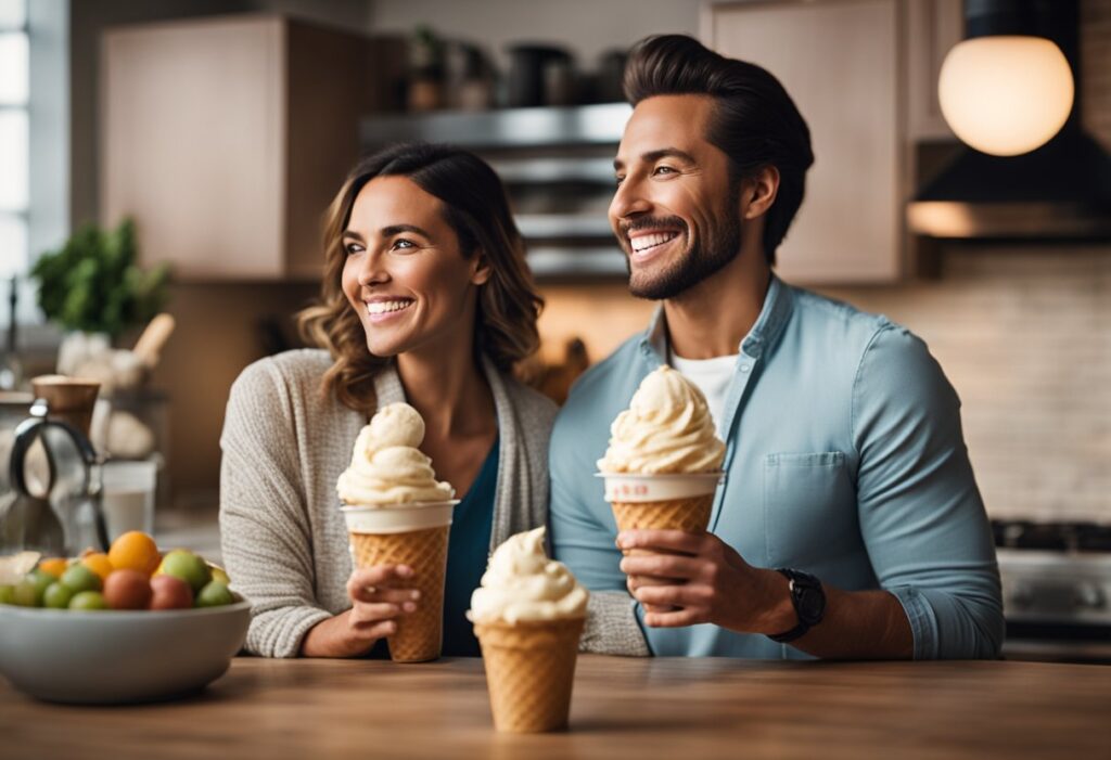 A close-up of a person’s joyful expression as they enjoy a spoonful of keto ice cream, with a soft-focus background of a cozy, inviting kitchen or cafe setting. Overlay a subtle motivational message like 'Indulge Without Compromise' to reinforce the article’s key message of guilt-free enjoyment.