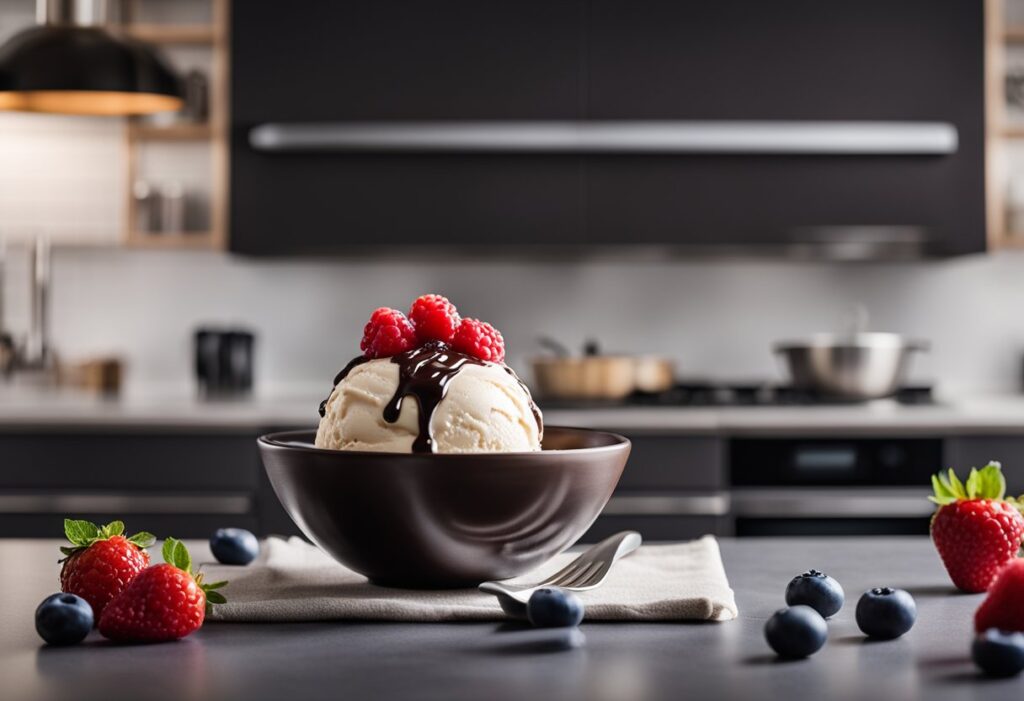 Image that captures the essence of guilt-free indulgence on a keto diet. Show a bowl of rich, creamy keto ice cream garnished with fresh berries and a drizzle of sugar-free chocolate syrup. The background should evoke a modern kitchen setting with soft lighting, conveying both luxury and approachability. Include subtle text overlays with the article title 'Indulge Guilt-Free: The Ultimate Guide to Enjoying Ice Cream on a Keto Diet