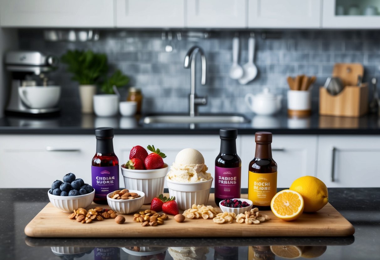 A variety of keto-friendly ice cream ingredients and toppings arranged on a kitchen counter, including fresh berries, nuts, and sugar-free syrups
