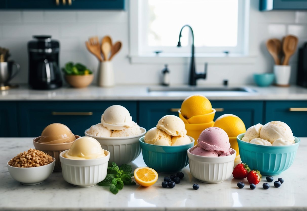 A variety of keto ice cream ingredients, from classic to creative, arranged on a kitchen counter for a comprehensive recipe guide illustration