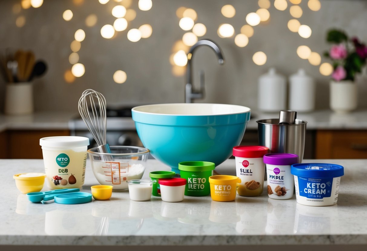 A variety of kitchen tools and ingredients arranged on a countertop, with a mixing bowl, whisk, measuring cups, and various containers of keto-friendly ice cream ingredients