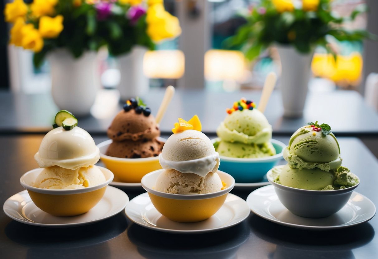 A variety of keto ice cream flavors displayed on a table, including classic vanilla and creative flavors like avocado and matcha, with colorful toppings and garnishes