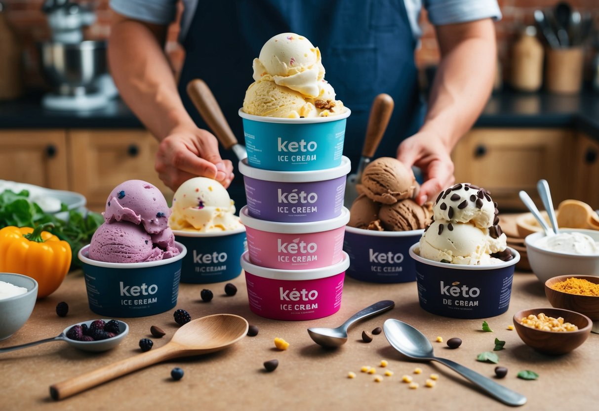 A variety of keto ice cream recipes and toppings displayed on a table, surrounded by ingredients and kitchen utensils