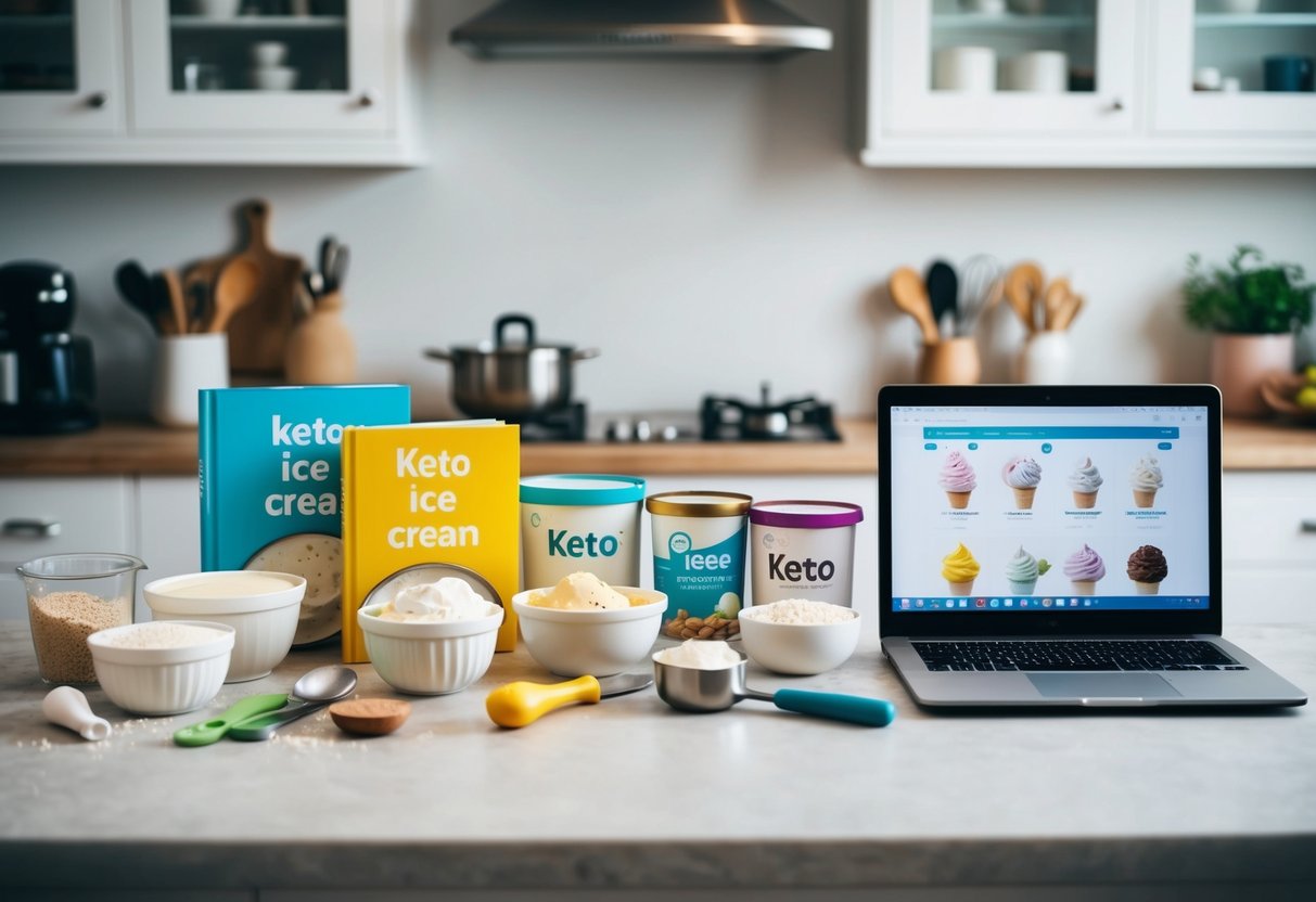 A variety of keto ice cream ingredients and tools arranged on a kitchen counter, with recipe books and a laptop open for reference