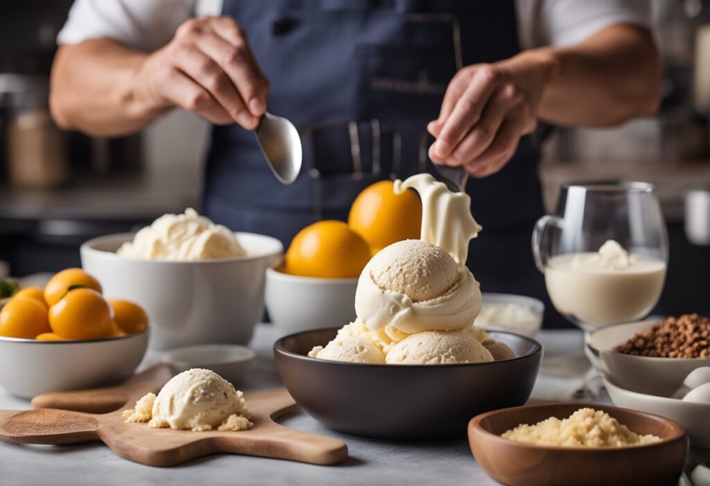 A man making keto ice cream on the bench with orange as the background.