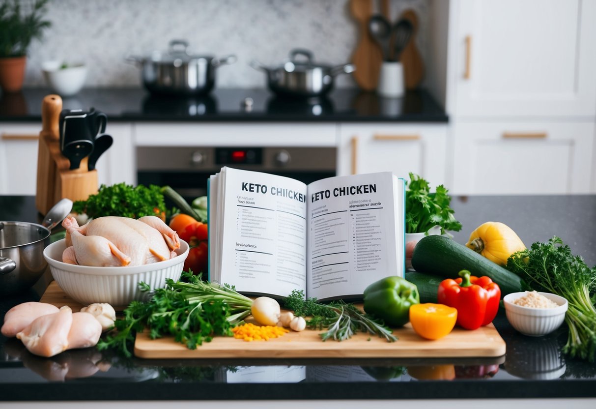 A kitchen counter with various ingredients like chicken, vegetables, and herbs, surrounded by cooking utensils and a recipe book open to a page on keto diet chicken recipes