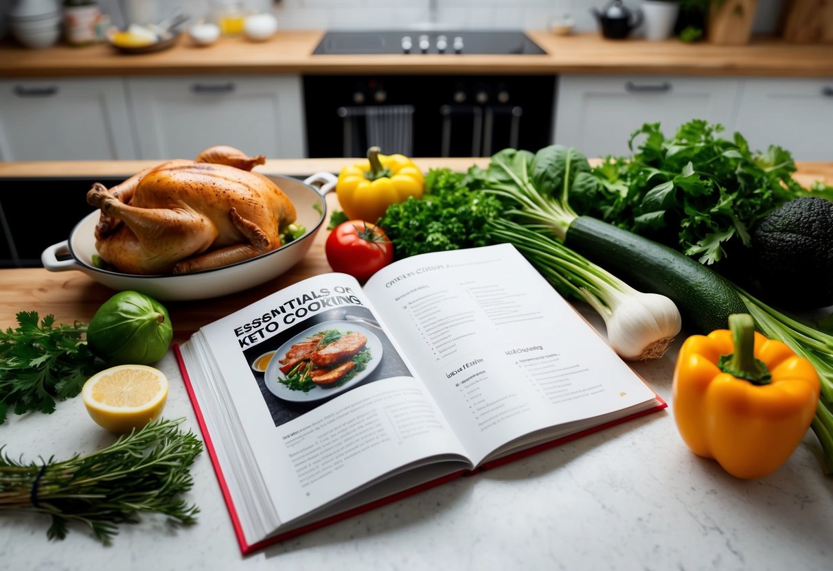 A kitchen counter with a variety of fresh ingredients like chicken, vegetables, and herbs. A cookbook titled "Essentials of Keto Cooking" open to a chicken recipe page