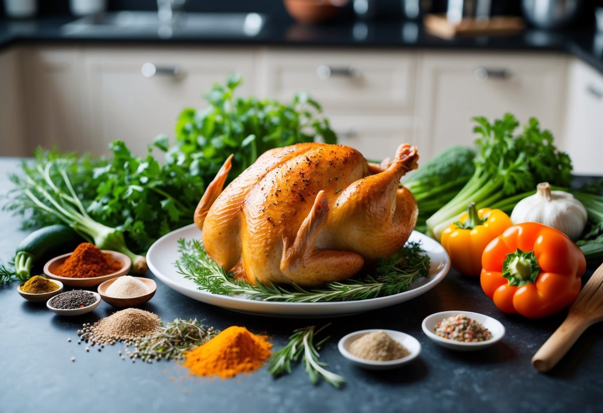 A variety of fresh herbs and spices surround a plump chicken, alongside a selection of low-carb vegetables and cooking utensils