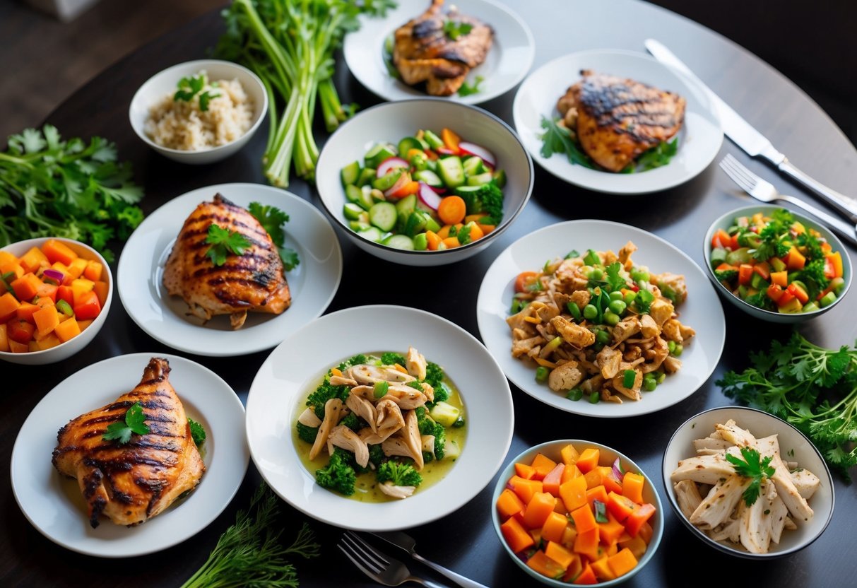 A table set with various keto chicken dishes, including grilled chicken, chicken salad, and chicken stir-fry, surrounded by colorful vegetables and herbs