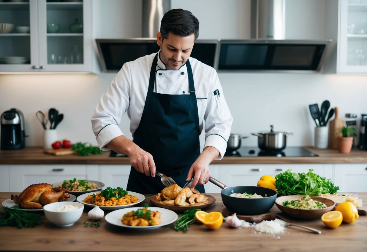A chef preparing a variety of low-carb chicken dishes in a modern kitchen, surrounded by fresh ingredients and cooking utensils