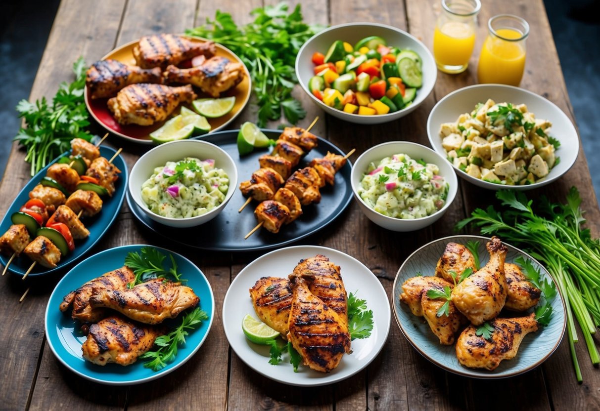A colorful array of keto chicken dishes, including grilled chicken, chicken salad, and chicken skewers, arranged on a rustic wooden table with fresh herbs and vegetables as garnish