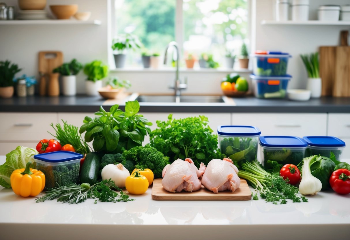 A kitchen counter with various fresh vegetables, herbs, and raw chicken, alongside storage containers and meal prep tools