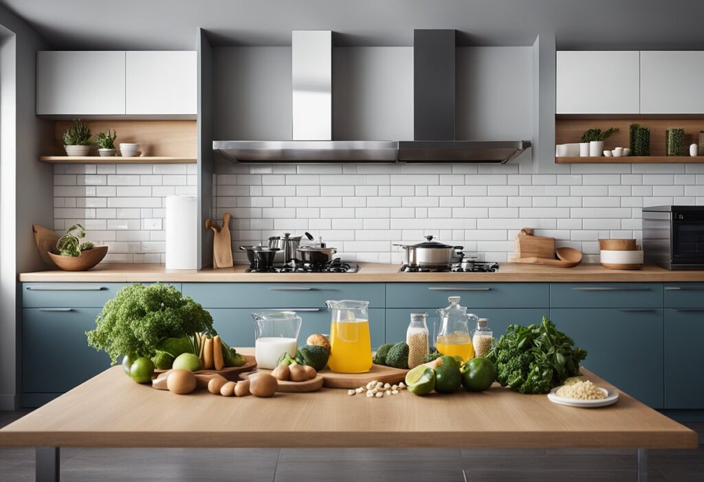 The scene should feature a side-by-side comparison of ingredients, such as a container of regular flour versus almond flour, or a traditional marinade next to a keto-friendly substitute. Incorporate clear icons or arrows to indicate replacements and problem-solving strategies. The background should depict a modern kitchen setting with a clean, organized countertop, and use crisp, clear lighting. The image should convey a sense of problem-solving and innovation, highlighting that these tips help perfect the flavor and texture of keto chicken recipes.