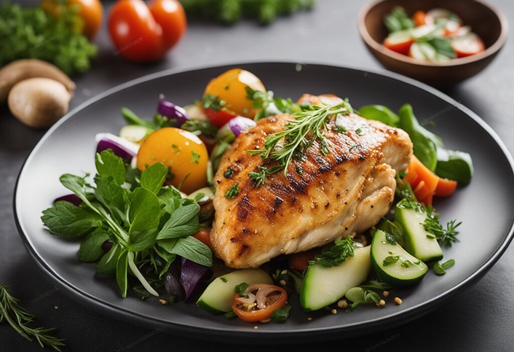 Delicious Low-Carb Dishes for Every Meal.' The image should showcase a beautifully plated keto chicken dish (such as grilled or baked chicken garnished with fresh herbs and low-carb vegetables) arranged on a modern, clean background. Include subtle visual cues of low-carb ingredients (like small bowls of almond flour or fresh greens) and use a warm, inviting color palette that evokes health and flavor. The overall composition should be appetizing and professional, with a hint of text overlay (if desired) displaying the title in an elegant, modern font.