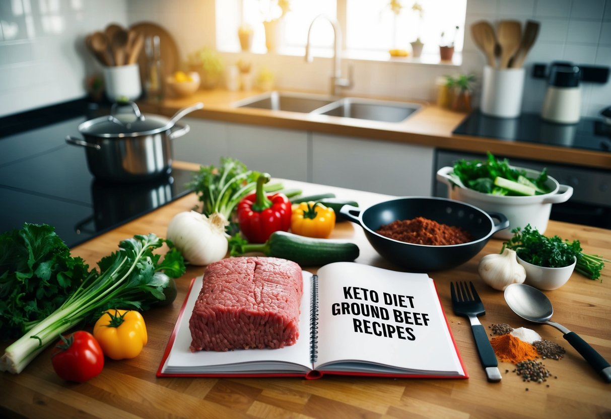 A kitchen counter with various ingredients such as ground beef, vegetables, and spices laid out, along with cooking utensils and a cookbook open to a page titled "Keto Diet Ground Beef Recipes."