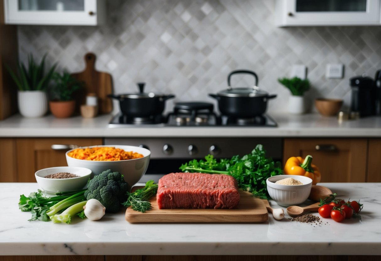 A kitchen counter with various ingredients such as ground beef, vegetables, and seasonings laid out for cooking keto-friendly dishes