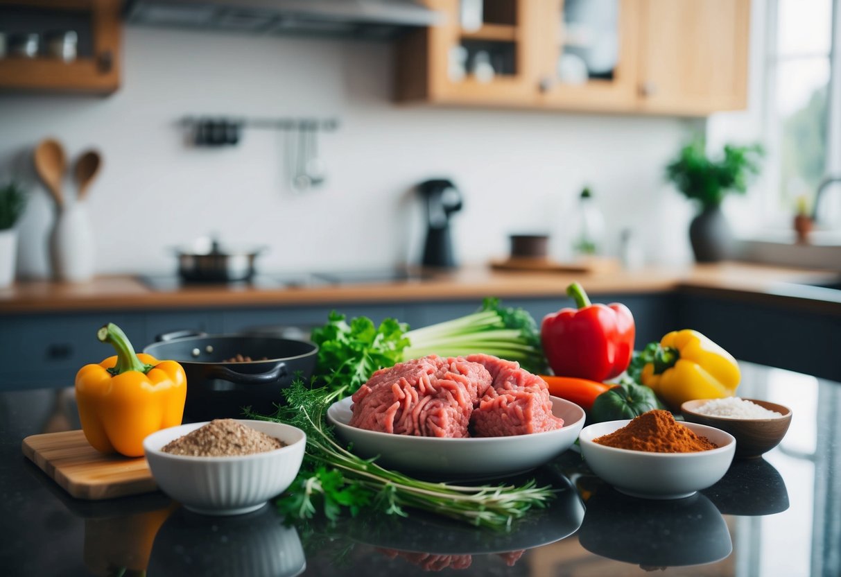 A kitchen counter with various keto-friendly ingredients such as ground beef, vegetables, herbs, and spices laid out for cooking