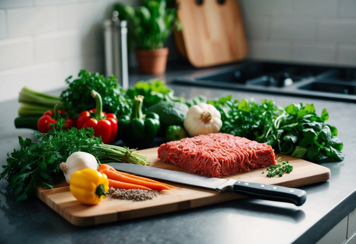 A kitchen counter with various fresh vegetables, herbs, and ground beef, alongside a cutting board and knife, ready for meal prep