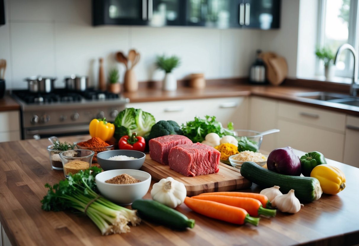 A kitchen counter with various ingredients and cooking utensils, including ground beef, vegetables, and spices, arranged neatly for preparing keto-friendly dishes