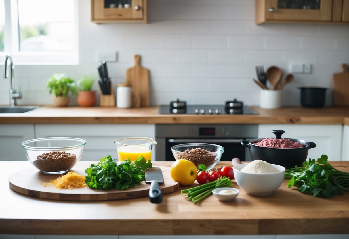 A kitchen counter with various ingredients and cooking utensils for preparing keto ground beef dishes