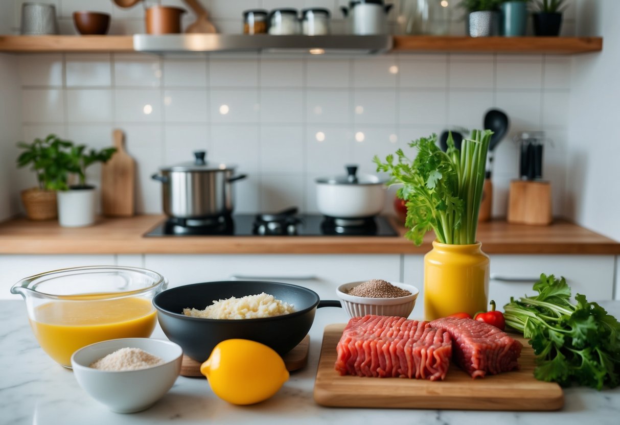 A kitchen counter with various ingredients and utensils for cooking ground beef keto recipes