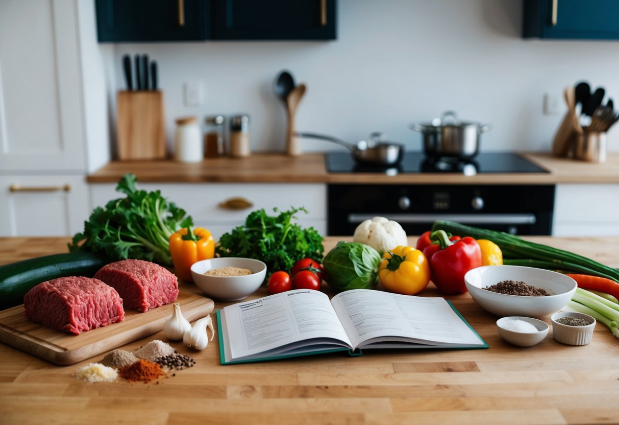 A kitchen counter with various ingredients like ground beef, vegetables, and spices laid out, alongside cooking utensils and a cookbook open to a keto recipe page