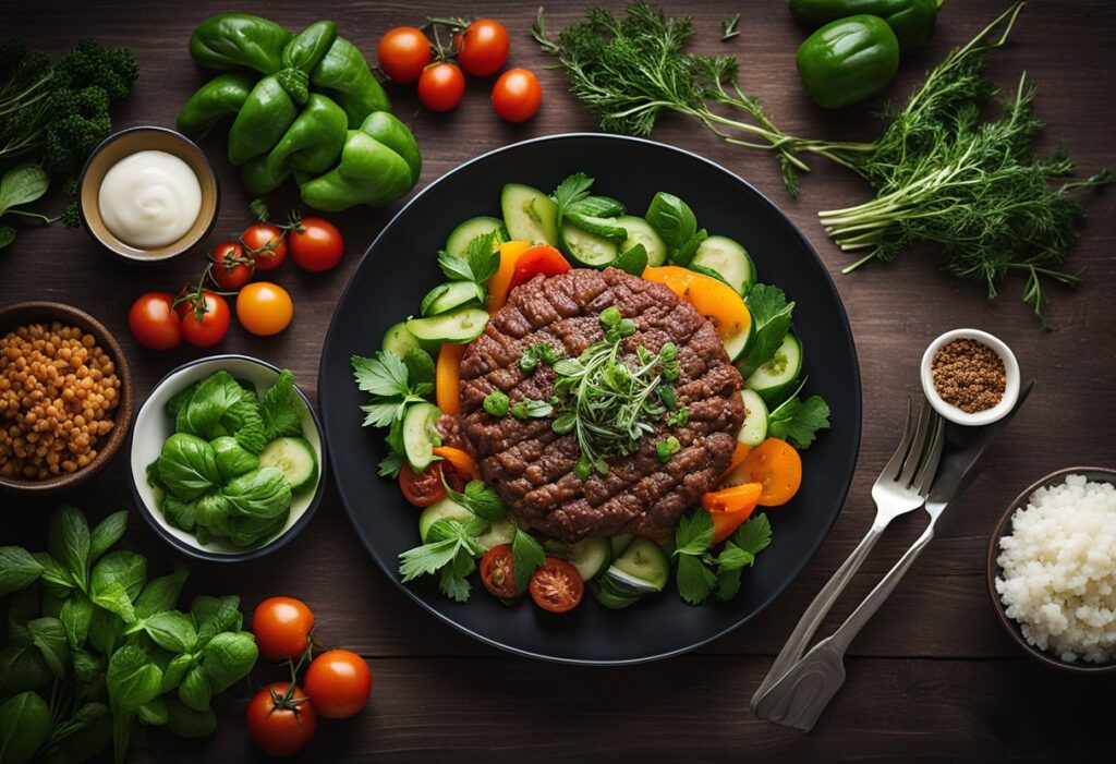 A beautifully plated keto ground beef dish with vibrant, low-carb vegetables (such as zucchini, bell peppers, and spinach) garnished with fresh herbs. The dish should be displayed on a rustic wooden table in a modern kitchen setting, with subtle hints of essential kitchen tools (like a digital kitchen scale or a non-stick skillet) in the background. Use a warm, inviting color palette to emphasize the rich textures and flavors, and include a soft text overlay of the article title in an elegant, modern font if possible.