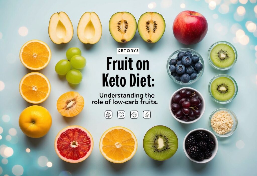 A balanced arrangement of low-carb fruits (such as berries, avocado, and olives) contrasted with high-carb fruits, with labels highlighting key nutrients. Include a clear title overlay that reads 'Fruits on Keto Diet: Understanding the Role of Low-Carb Fruits.' Use clean lines, modern icons, and a color scheme that evokes health and freshness