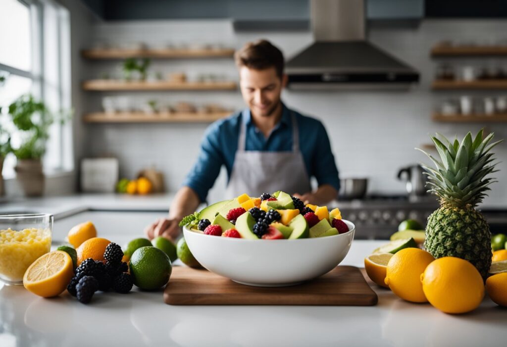 A person is preparing a salad or smoothie that includes low-carb fruits. The setting should feature ingredients like berries, avocado, and citrus arranged on a countertop with a mixing bowl. Overlay a caption that reads 'Fruit on Keto Diet: Smart Strategies for Incorporation.' Use natural lighting and a modern, inviting aesthetic