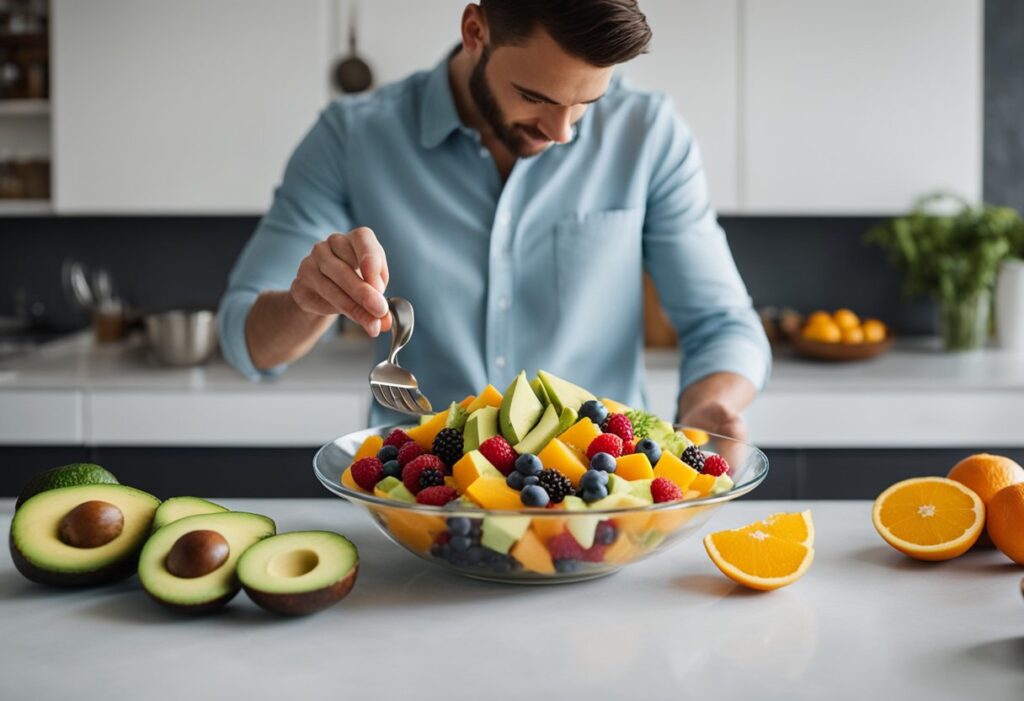Illustrate a creative kitchen scene where a person is preparing a salad or smoothie that includes low-carb fruits. The setting should feature ingredients like berries, avocado, and citrus arranged on a countertop with a mixing bowl. Overlay a caption that reads 'Fruit on Keto Diet: Smart Strategies for Incorporation.' Use natural lighting and a modern, inviting aesthetic.