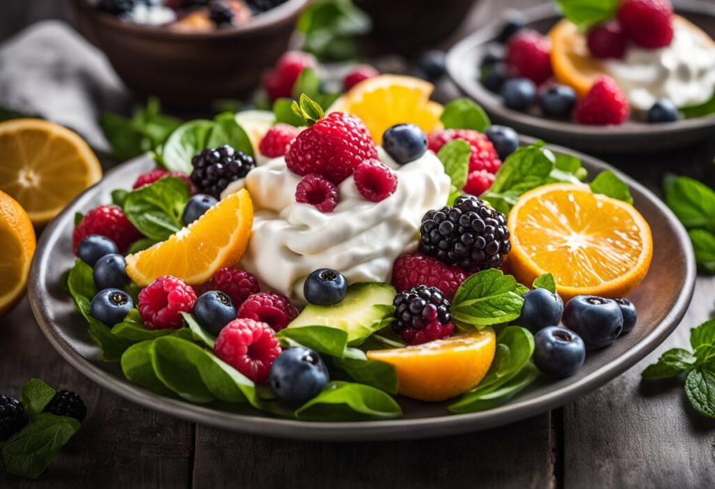 A beautifully plated dish or bowl that features a mix of keto-friendly fruits—such as a mixed berry salad with a dollop of keto-friendly whipped cream or avocado toast garnished with citrus slices.